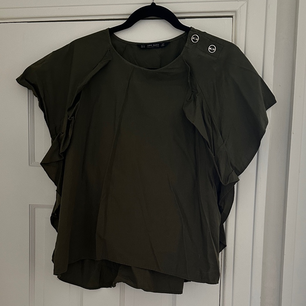 Zara Olive Green Ruffle Sleeve Blouse with Shoulder Buttons